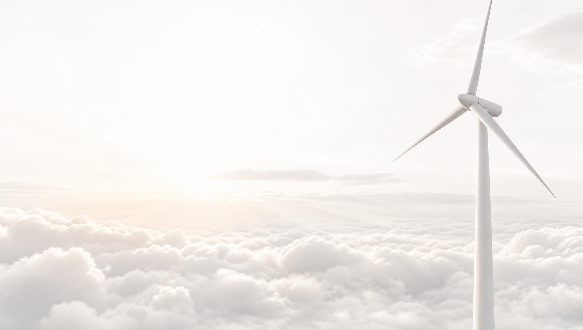 Cinematic sunrise landscape with a single white wind turbine